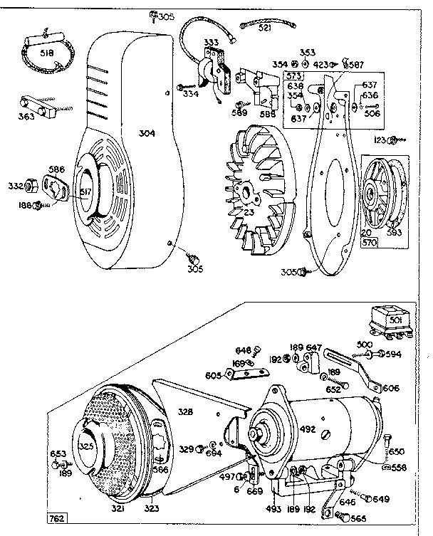 Electric Starter And Flywheel Assembly Diagram and Parts List for 193401-193467 0010 - 0030 Briggs and Stratton Engine